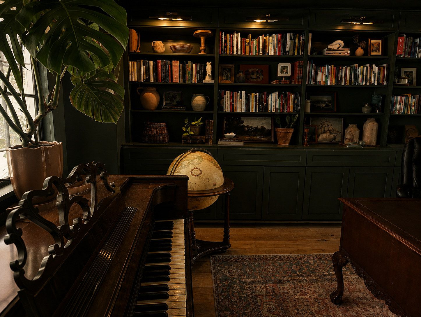 The study: an upright piano, a globe on a side table, and green built-in shelves