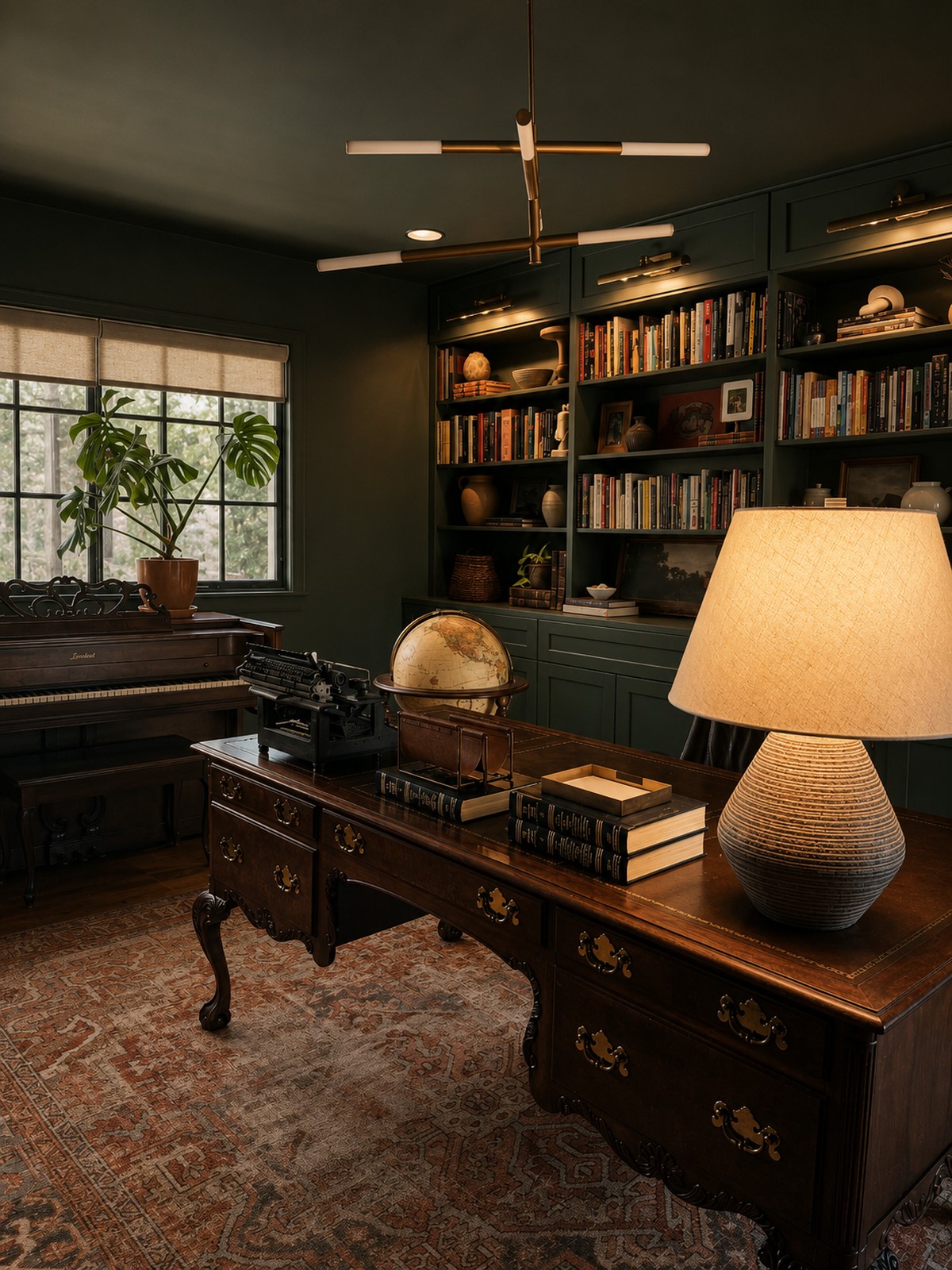 Study with a carved wooden desk and typewriter, a globe, green built-in shelves and the piano behind