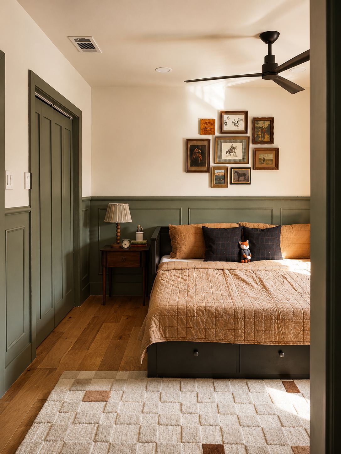 Bedroom with green panelled wainscot, rust bedding and a gallery wall of small paintings