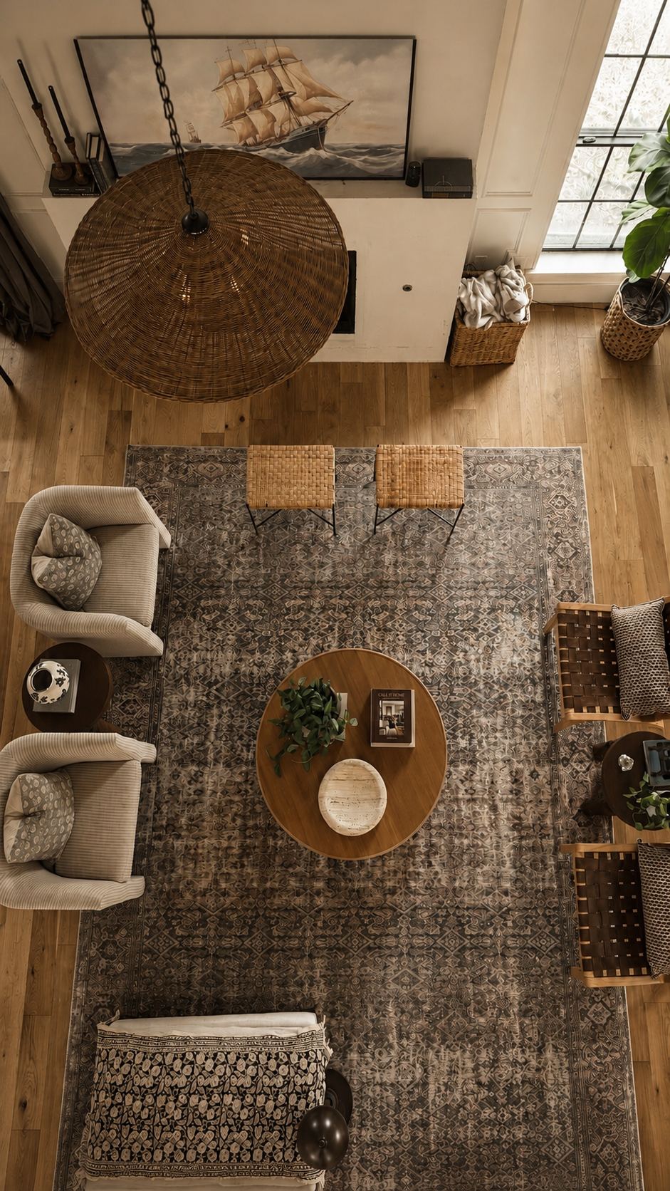 Living room seen from above: layered rug, round table, woven chairs and a ship painting