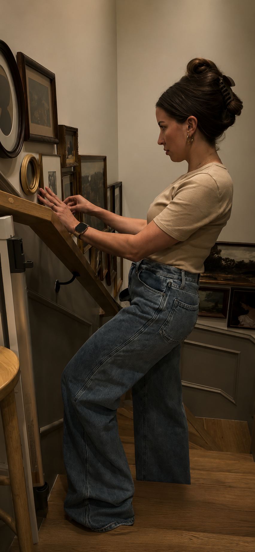 Shelby adjusting a row of framed paintings on a staircase wall