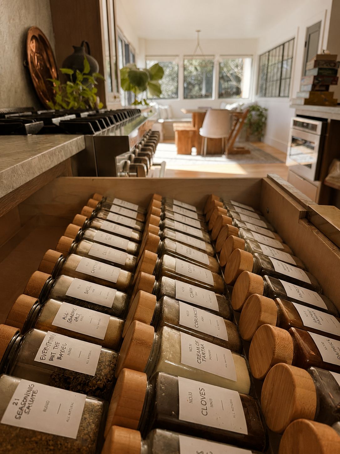 Spice drawer with labelled glass jars and wooden lids