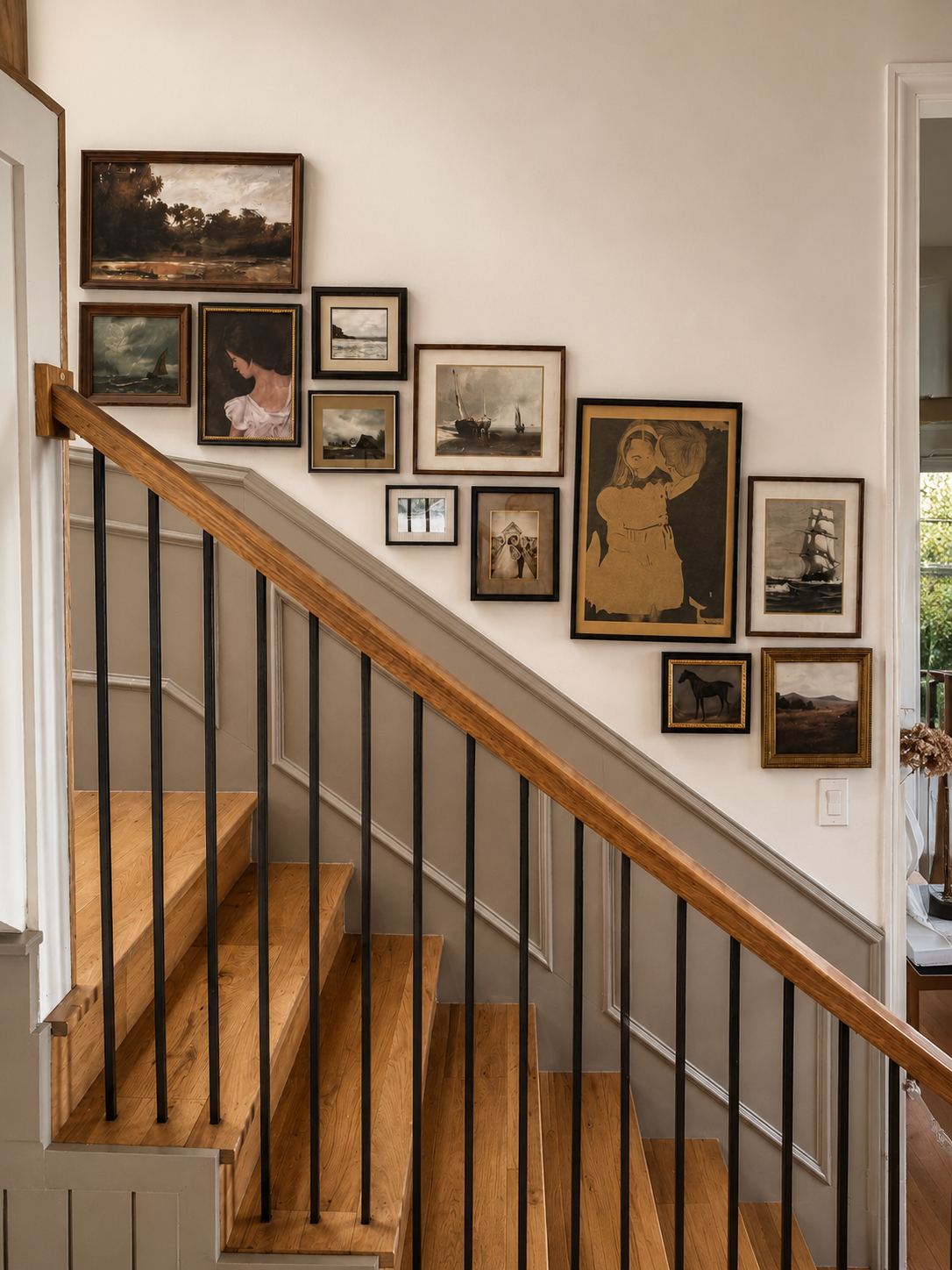 Staircase gallery wall of vintage oil paintings and framed prints